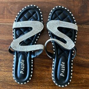 Unique flat black sandals with diamonds. Size  8. Pazzle brand.  New with box